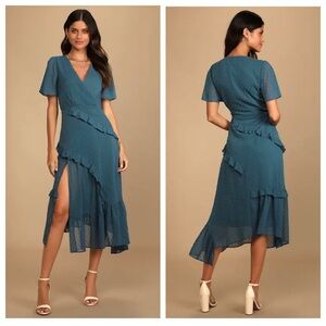 Lulus Next to You Slate Blue Swiss Dot Ruffled Midi Dress
